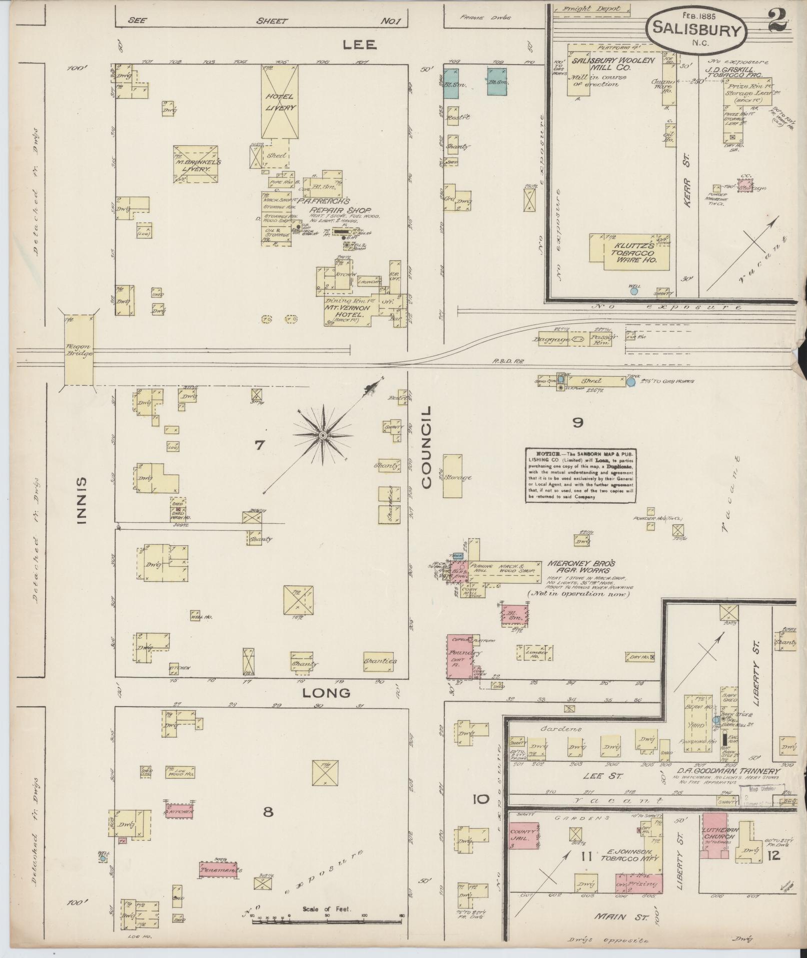 Sanborn Fire Insurance Map from Salisbury, Rowan County, North Carolina (1885), Sheet #0002 - Complete Map Set gallery image, historic Sanborn map, vintage wall art, North Carolina North Carolina