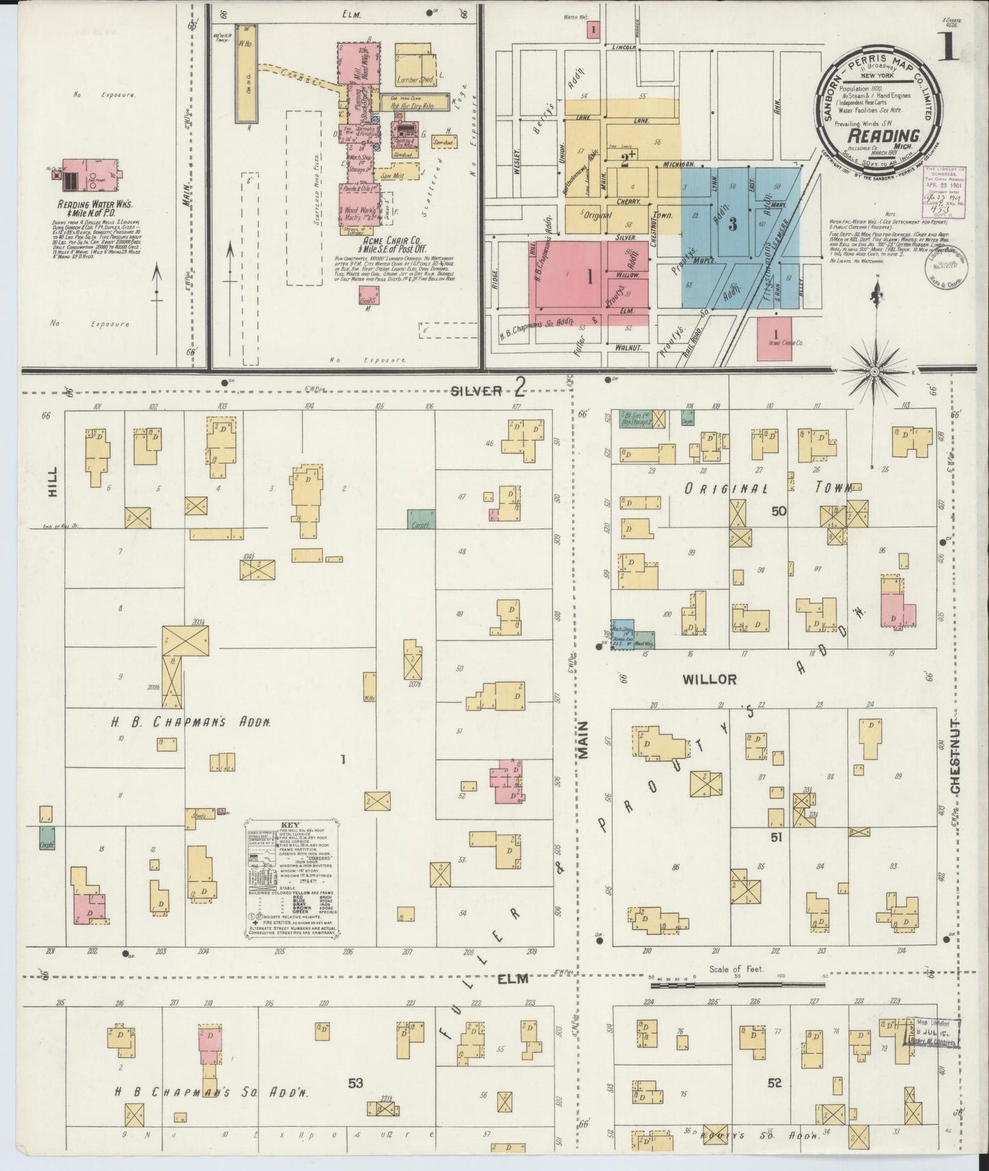 Sanborn Fire Insurance Map from Reading, Hillsdale County, Michigan (1901), Sheet #0001 - Complete Map Set gallery image, historic Sanborn map, vintage wall art, Michigan Michigan