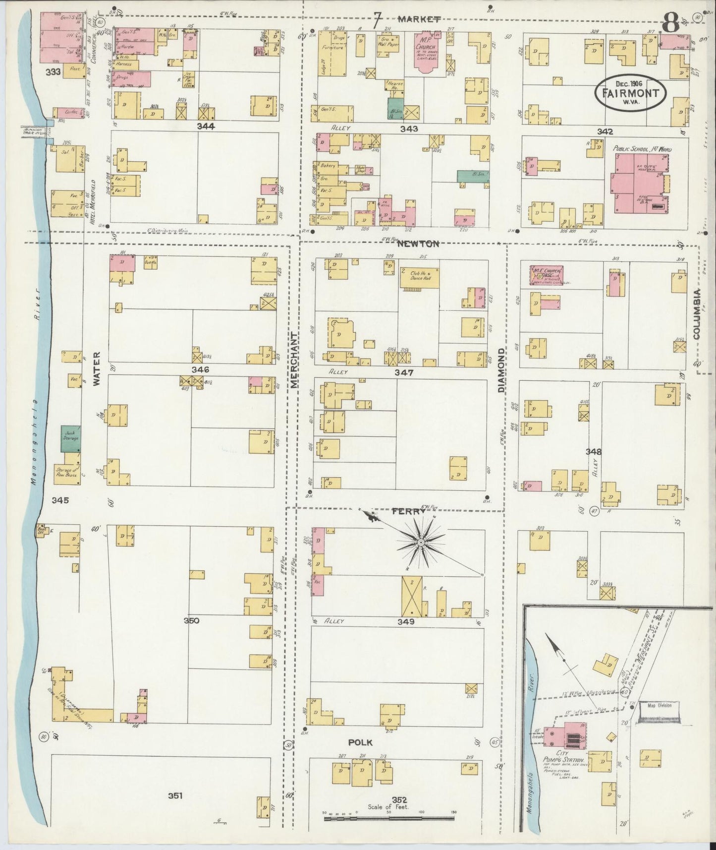Sanborn Fire Insurance Map from Fairmont, Marion County, West Virginia (1906), Sheet #0008 - Complete Map Set gallery image, historic Sanborn map, vintage wall art, West Virginia West Virginia