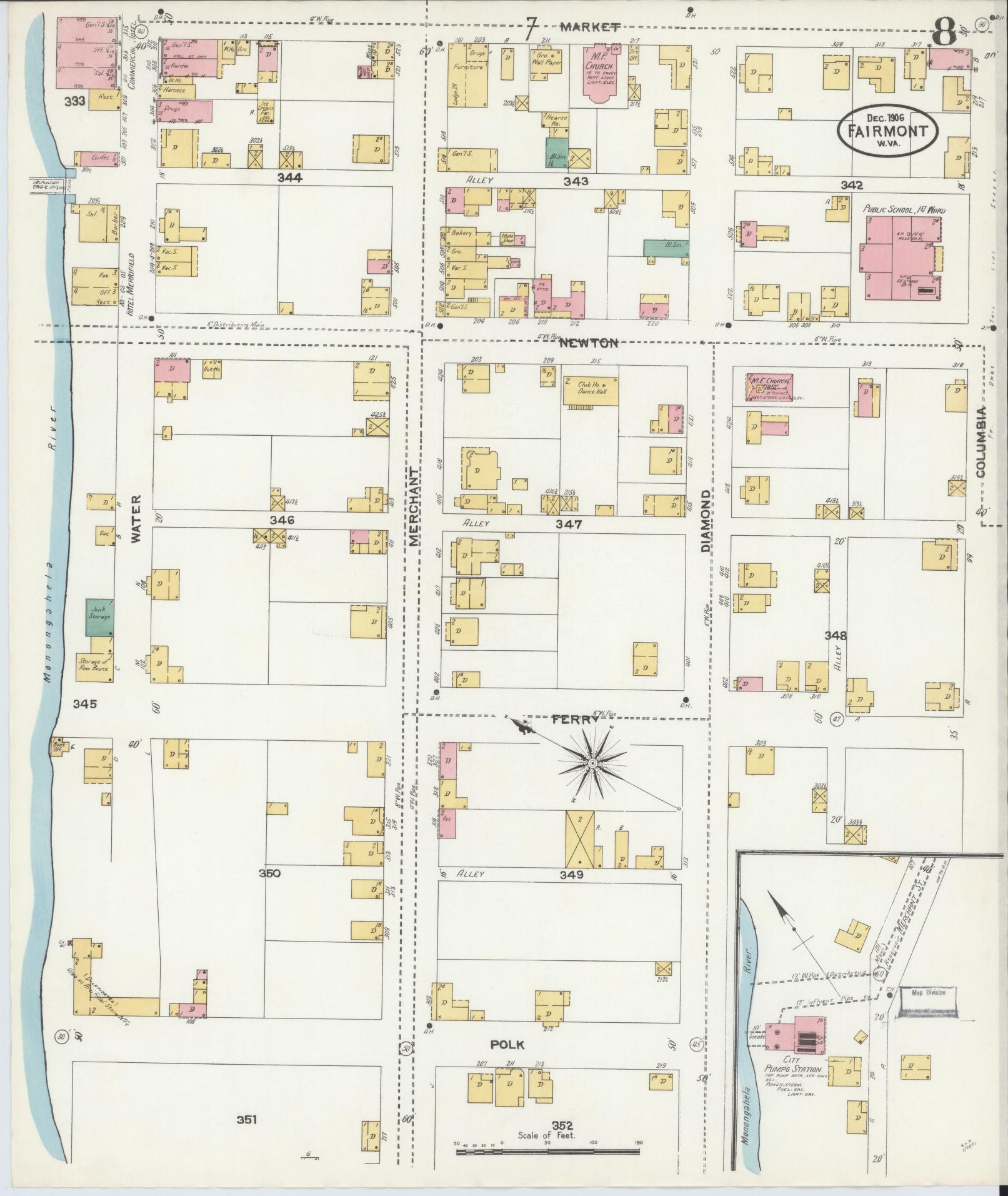 Sanborn Fire Insurance Map from Fairmont, Marion County, West Virginia (1906), Sheet #0008 - Complete Map Set gallery image, historic Sanborn map, vintage wall art, West Virginia West Virginia