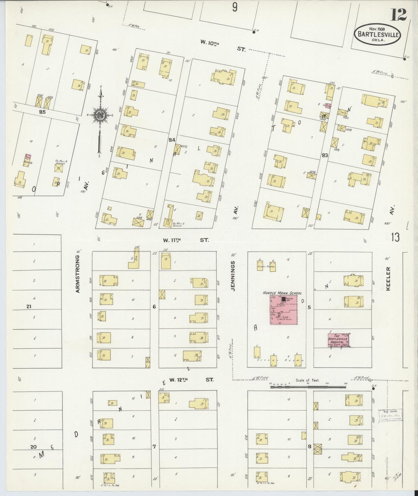 Sanborn Fire Insurance Map from Bartlesville, Washington County, Oklahoma (1909), Sheet #0012 - Historic Sanborn Fire Insurance Map Print, vintage old map wall art, antique decor, genealogy gift, Oklahoma Oklahoma map