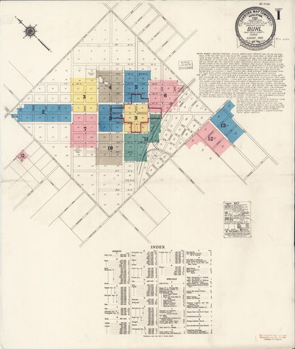 Sanborn Fire Insurance Map from Buhl, Twin Falls County, Idaho (1922), Sheet #0001 - Complete Map Set gallery image, historic Sanborn map, vintage wall art, Falls Idaho