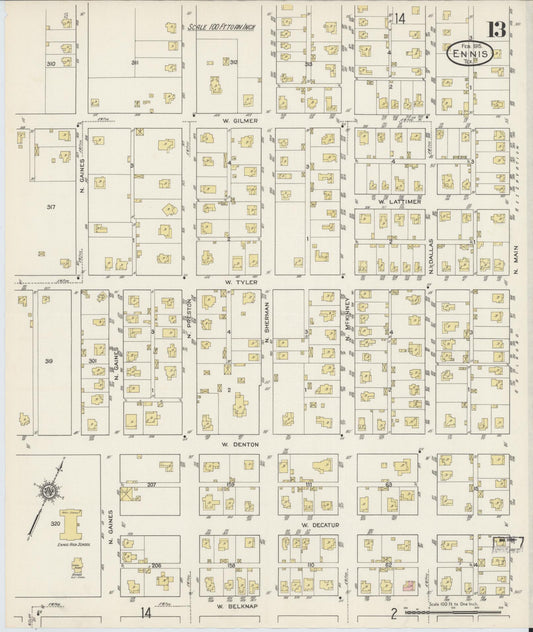 Sanborn Fire Insurance Map from Ennis, Ellis County, Texas (1915), Sheet #0013 - Historic Sanborn Fire Insurance Map Print, vintage old map wall art, antique decor, genealogy gift, Texas Texas map