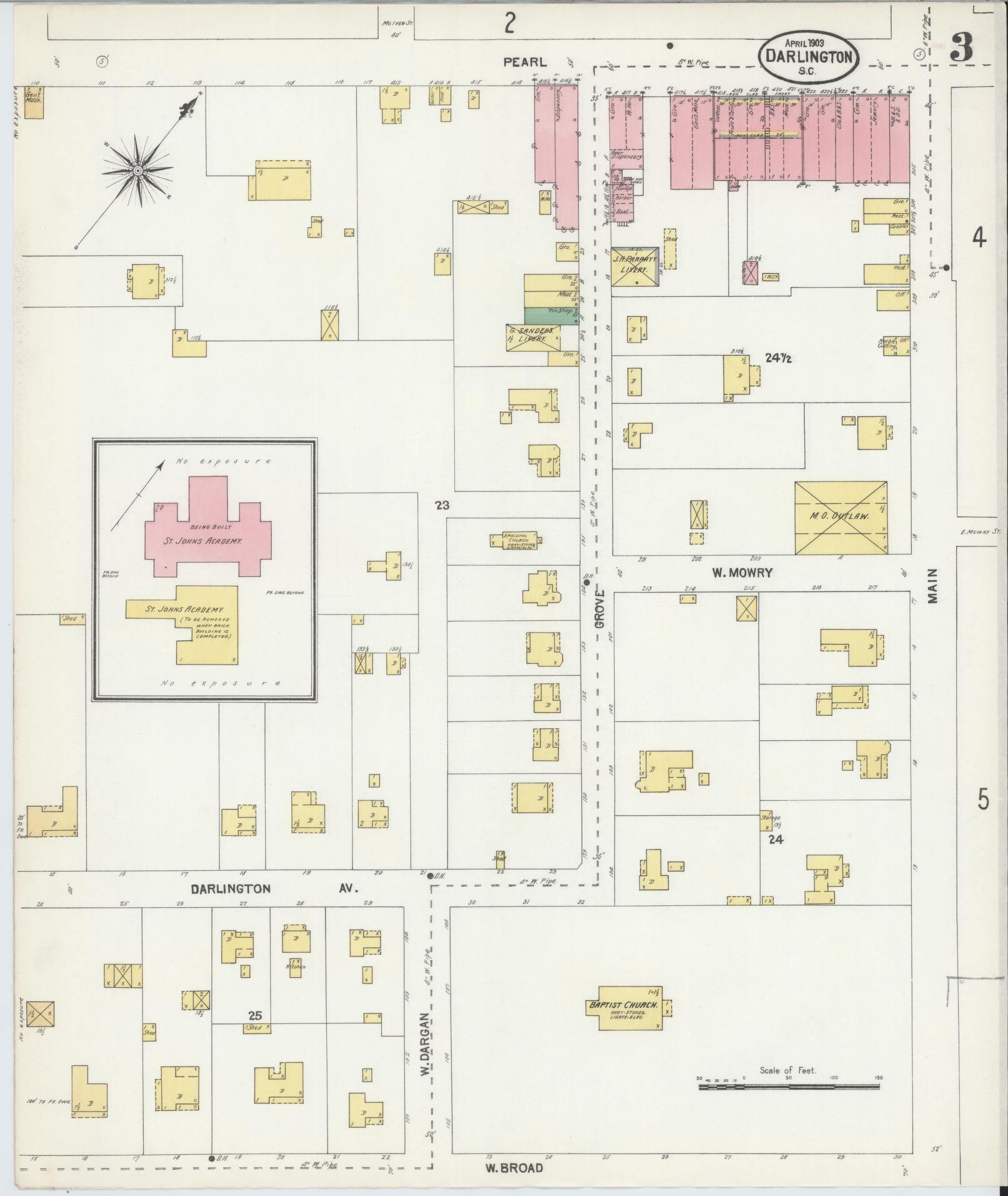 Sanborn Fire Insurance Map from Darlington, Darlington County, South Carolina (1903), Sheet #0003 - Complete Map Set gallery image, historic Sanborn map, vintage wall art, South Carolina South Carolina