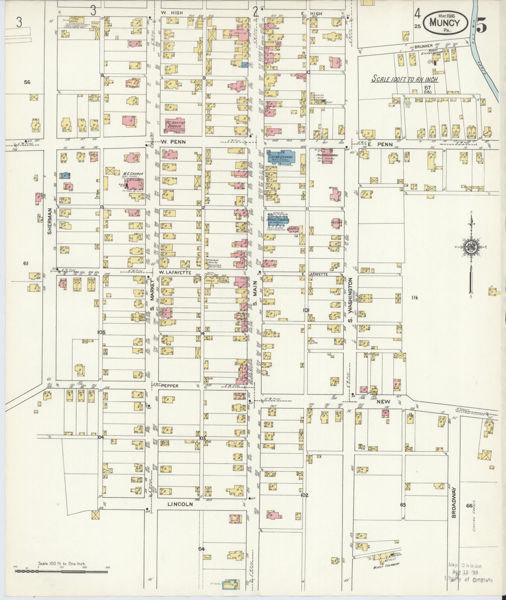 Sanborn Fire Insurance Map from Muncy, Lycoming County, Pennsylvania (1916), Sheet #0005 - Historic Sanborn Fire Insurance Map Print, vintage old map wall art, antique decor, genealogy gift, Pennsylvania Pennsylvania map