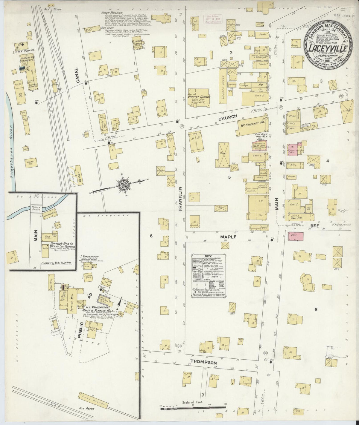 Sanborn Fire Insurance Map from Laceyville, Wyoming County, Pennsylvania (1911), Sheet #0001 - Historic Sanborn Fire Insurance Map Print, vintage old map wall art, antique decor, genealogy gift, Laceyville Wyoming map