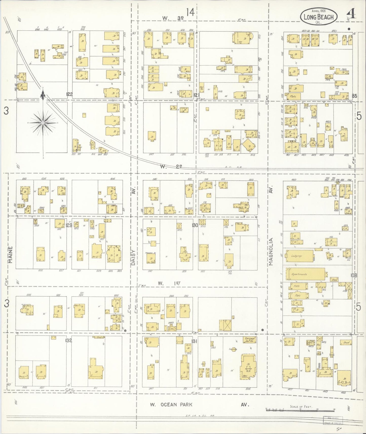 Sanborn Fire Insurance Map from Long Beach, Los Angeles County, California (1905), Sheet #0004 - Complete Map Set gallery image, historic Sanborn map, vintage wall art, California California