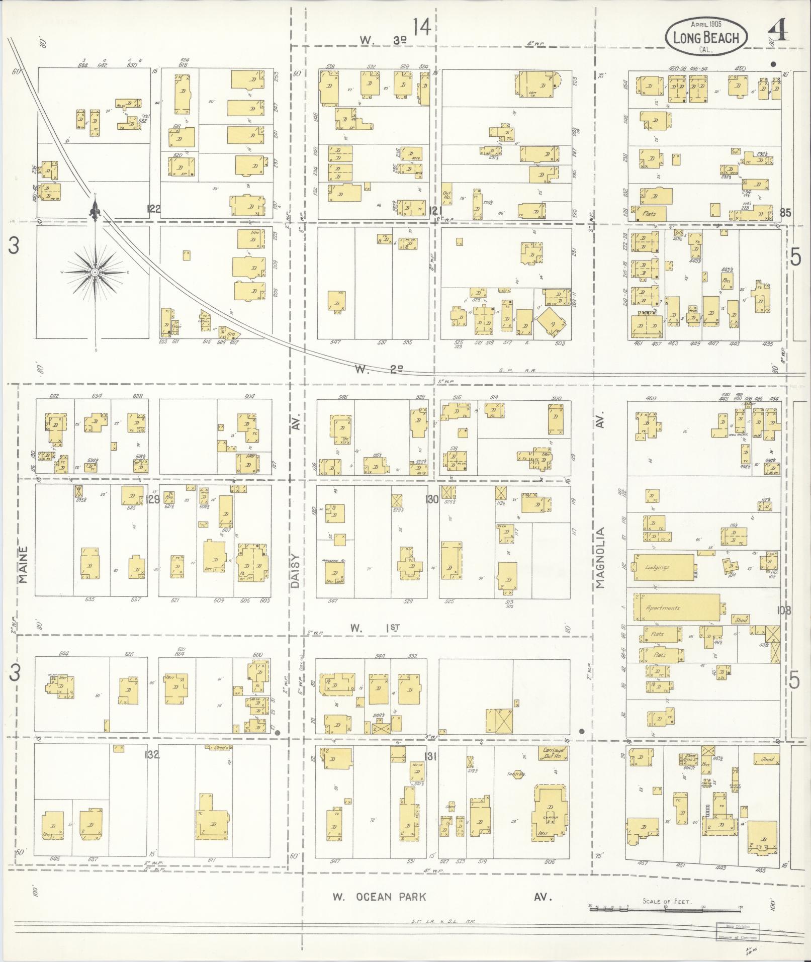 Sanborn Fire Insurance Map from Long Beach, Los Angeles County, California (1905), Sheet #0004 - Complete Map Set gallery image, historic Sanborn map, vintage wall art, California California