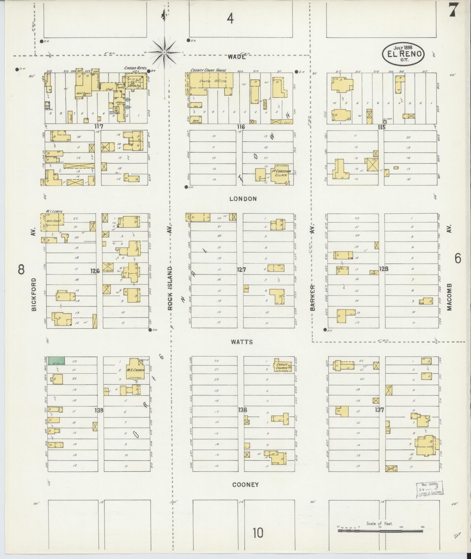 Sanborn Fire Insurance Map from El Reno, Canadian County, Oklahoma (1898), Sheet #0007 - Complete Map Set gallery image, historic Sanborn map, vintage wall art, Oklahoma Oklahoma