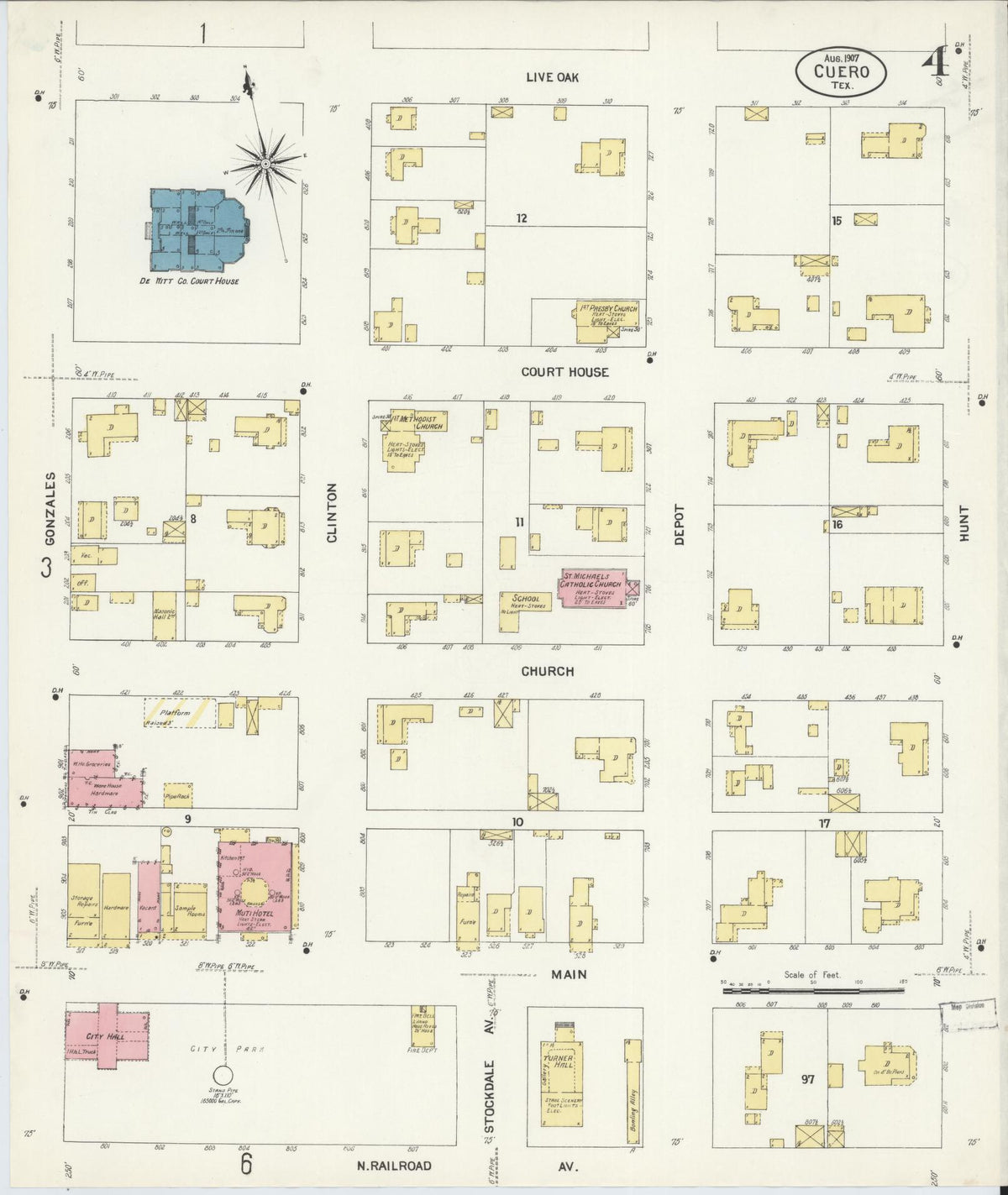 Sanborn Fire Insurance Map from Cuero, De Witt County, Texas (1907), Sheet #0004 - Historic Sanborn Fire Insurance Map Print, vintage old map wall art, antique decor, genealogy gift, Texas Texas map