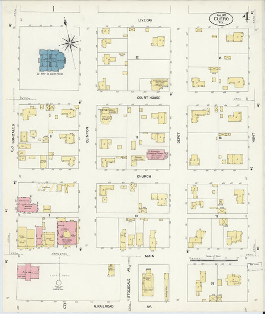 Sanborn Fire Insurance Map from Cuero, De Witt County, Texas (1907), Sheet #0004 - Historic Sanborn Fire Insurance Map Print, vintage old map wall art, antique decor, genealogy gift, Texas Texas map