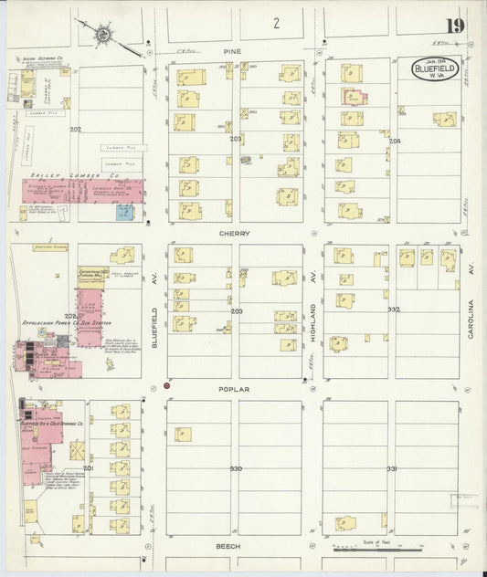 Sanborn Fire Insurance Map from Bluefield, Mercer County, West Virginia (1914), Sheet #0019 - Historic Sanborn Fire Insurance Map Print, vintage old map wall art, antique decor, genealogy gift, West Virginia West Virginia map