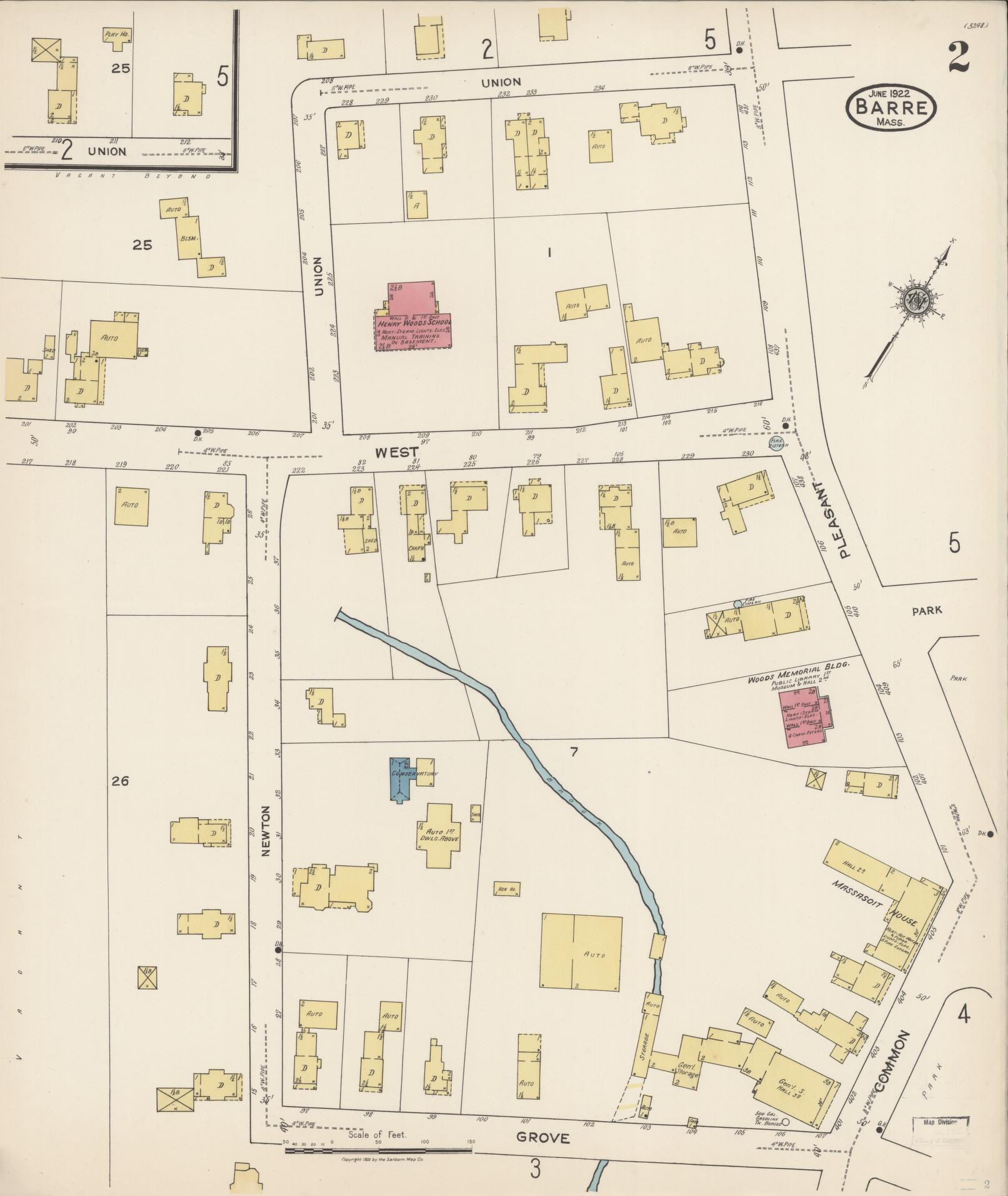 Sanborn Fire Insurance Map from Barre, Worcester County, Massachusetts (1922), Sheet #0002 - Complete Map Set gallery image, historic Sanborn map, vintage wall art, Massachusetts Massachusetts
