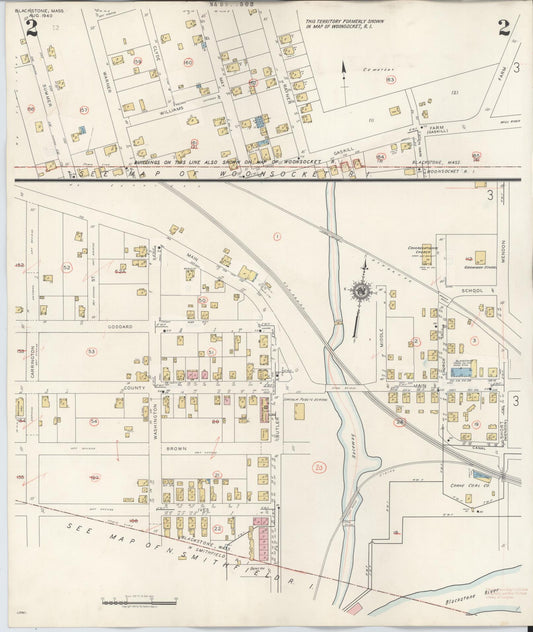 Sanborn Fire Insurance Map from Blackstone, Worcester County, Massachusetts (1948), Sheet #0002 - Historic Sanborn Fire Insurance Map Print, vintage old map wall art, antique decor, genealogy gift, Massachusetts Massachusetts map