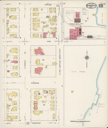 Sanborn Fire Insurance Map from Wyandotte, Wayne County, Michigan (1922), Sheet #0018 - Historic Sanborn Fire Insurance Map Print, vintage old map wall art, antique decor, genealogy gift, Michigan Michigan map