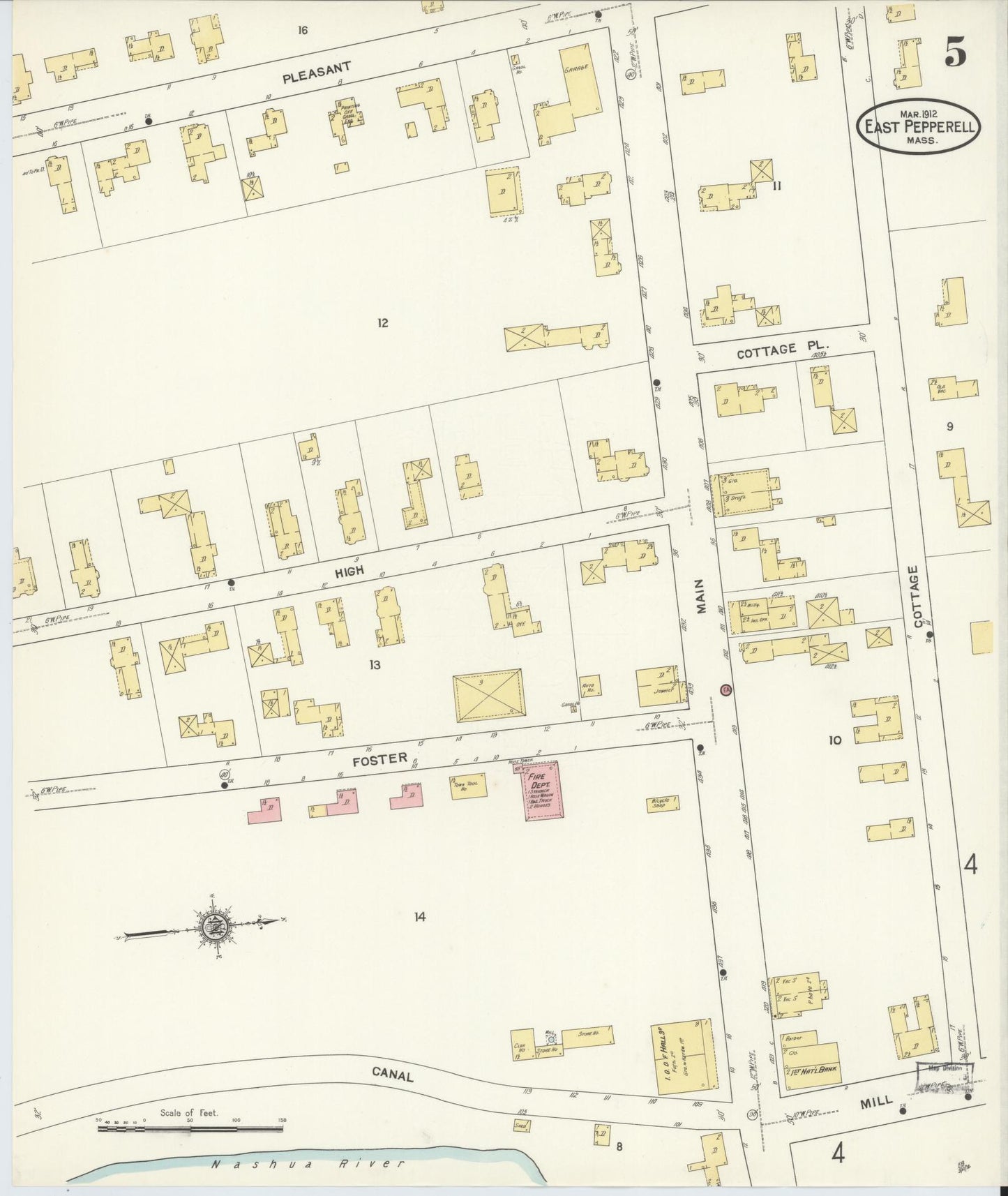 Sanborn Fire Insurance Map from East Pepperell, Middlesex County, Massachusetts (1912), Sheet #0005 - Historic Sanborn Fire Insurance Map Print, vintage old map wall art, antique decor, genealogy gift, Massachusetts Massachusetts map
