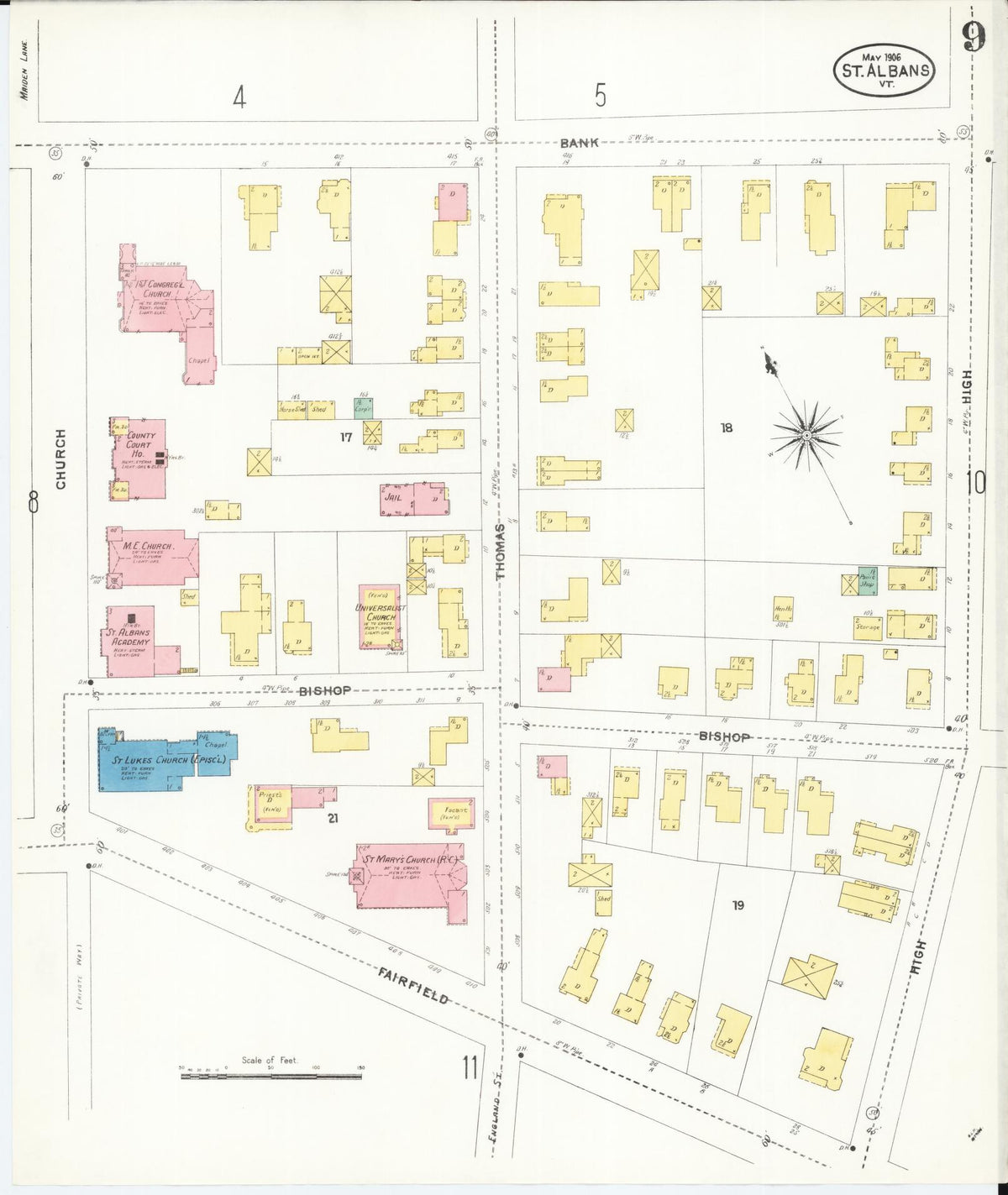 Sanborn Fire Insurance Map from Saint Albans, Franklin County, Vermont (1906), Sheet #0009 - Complete Map Set gallery image, historic Sanborn map, vintage wall art, Vermont Vermont