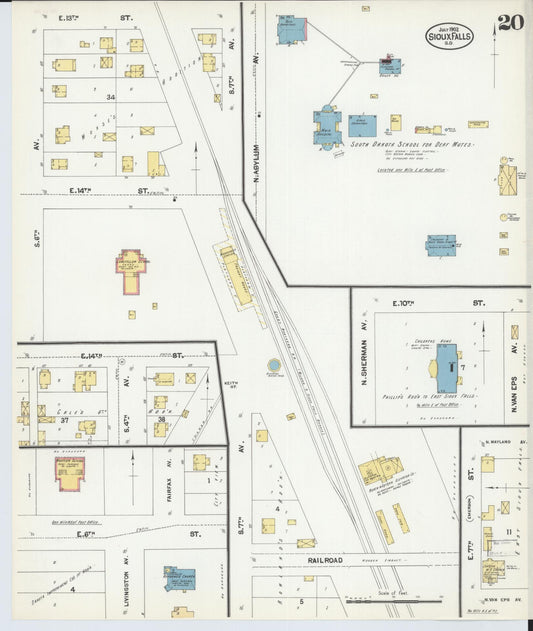 Sanborn Fire Insurance Map from Sioux Falls, Minnehaha County, South Dakota (1902), Sheet #0020 - Historic Sanborn Fire Insurance Map Print, vintage old map wall art, antique decor, genealogy gift, South Dakota South Dakota map