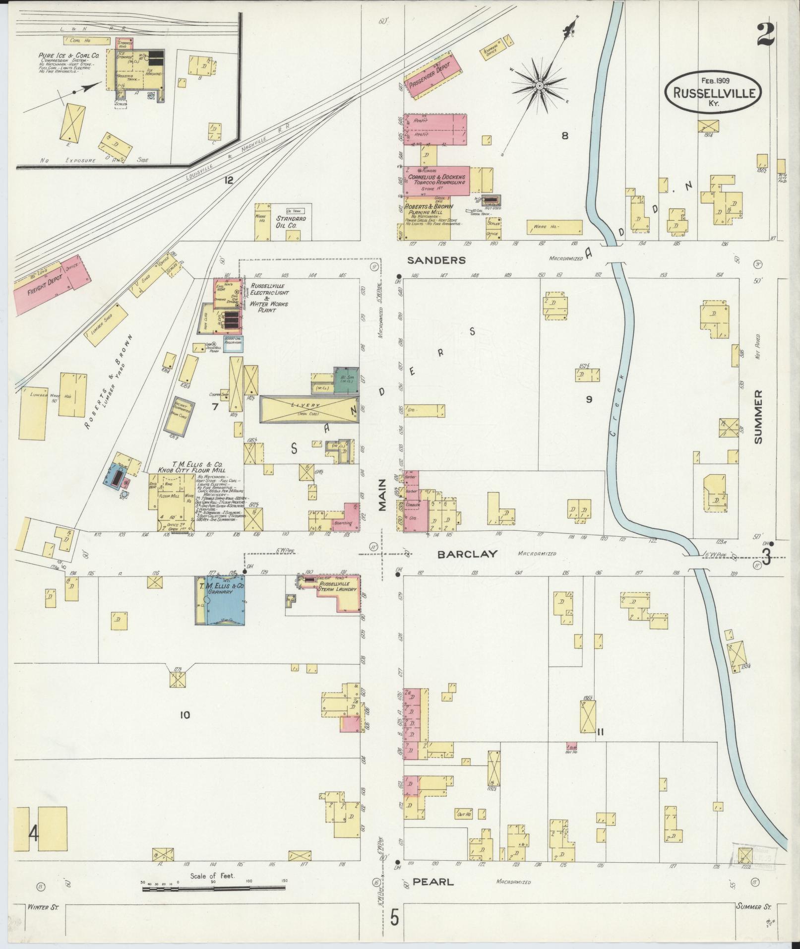 Sanborn Fire Insurance Map from Russellville, Logan County, Kentucky (1909), Sheet #0002 - Historic Sanborn Fire Insurance Map Print, vintage old map wall art, antique decor, genealogy gift, Kentucky Kentucky map