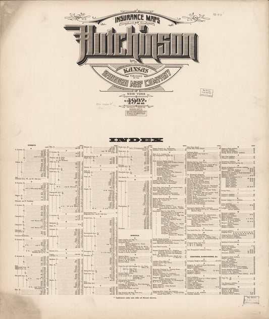 Sanborn Fire Insurance Map from Hutchinson, Reno County, Kansas (1922), Sheet #0001 - Complete Map Set gallery image, historic Sanborn map, vintage wall art, Kansas Kansas