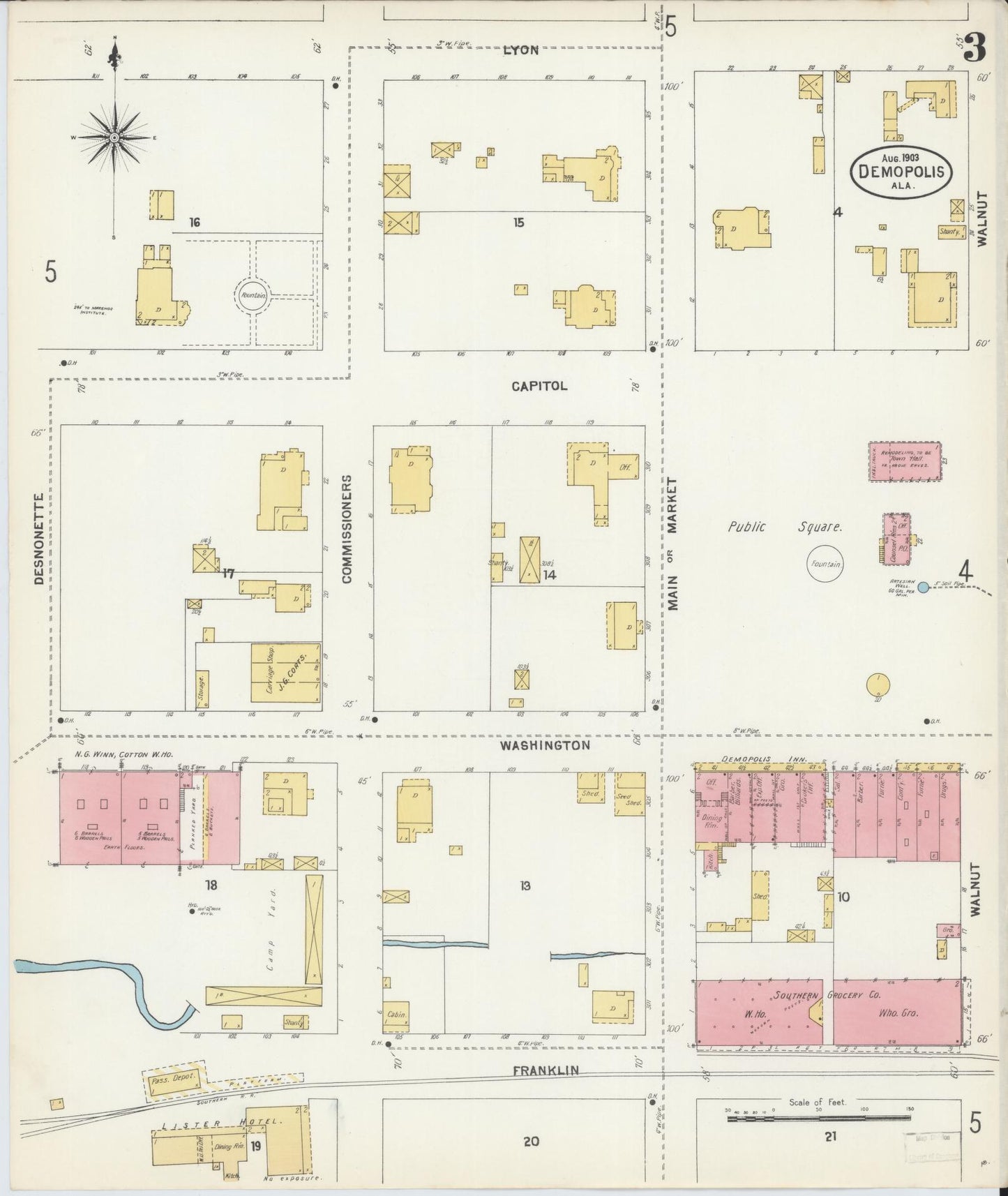 Sanborn Fire Insurance Map from Demopolis, Marengo County, Alabama (1903), Sheet #0003 - Historic Sanborn Fire Insurance Map Print, vintage old map wall art, antique decor, genealogy gift, Alabama Alabama map