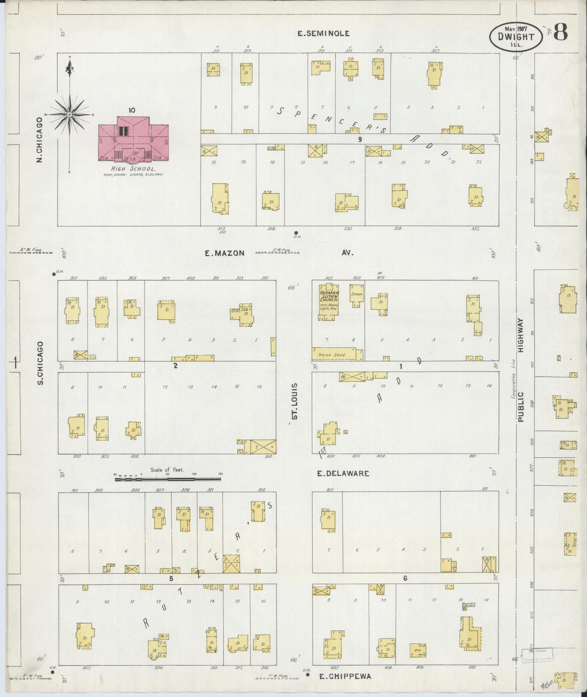 Sanborn Fire Insurance Map from Dwight, Livingston County, Illinois (1907), Sheet #0008 - Complete Map Set gallery image, historic Sanborn map, vintage wall art, Illinois Illinois