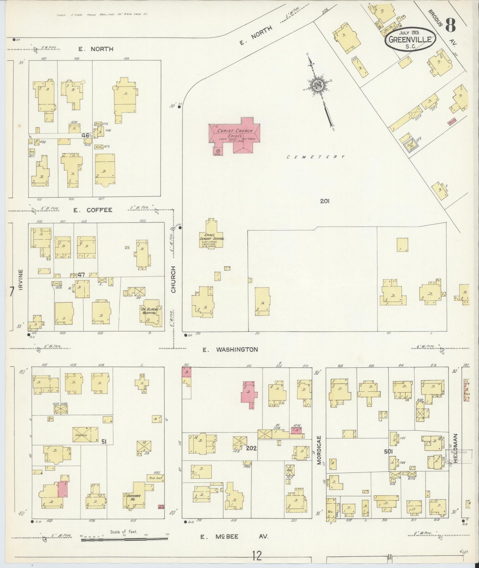 Sanborn Fire Insurance Map from Greenville, Greenville County, South Carolina (1913), Sheet #0008 - Complete Map Set gallery image, historic Sanborn map, vintage wall art, South Carolina South Carolina
