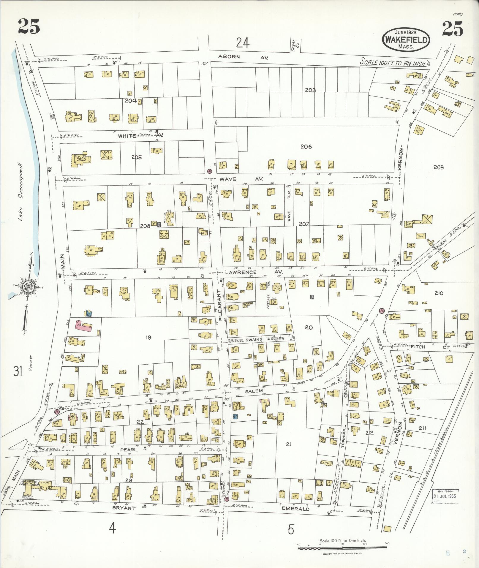Sanborn Fire Insurance Map from Wakefield, Middlesex County, Massachusetts (1923), Sheet #0025 - Complete Map Set gallery image, historic Sanborn map, vintage wall art, Massachusetts Massachusetts