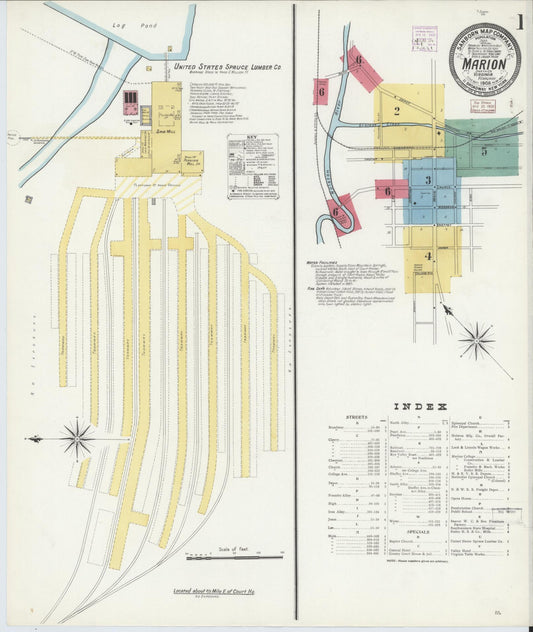 Sanborn Fire Insurance Map from Marion, Smyth County, Virginia (1908), Sheet #0001 - Historic Sanborn Fire Insurance Map Print, vintage old map wall art, antique decor, genealogy gift, Virginia Virginia map