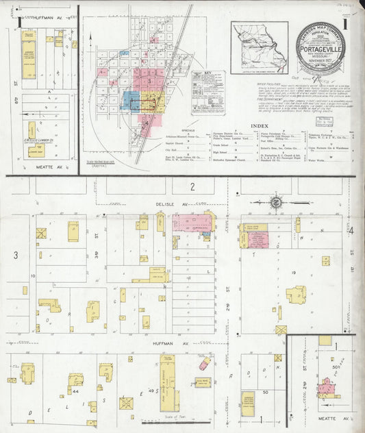 Sanborn Fire Insurance Map from Portageville, New Madrid County, Missouri (1927), Sheet #0001 - Complete Map Set gallery image, historic Sanborn map, vintage wall art, Missouri Missouri