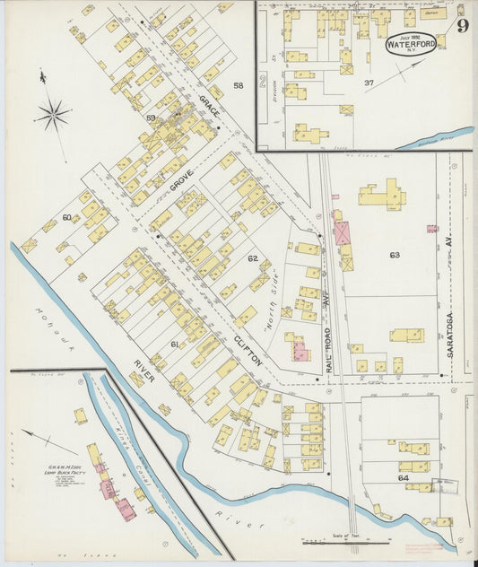 Sanborn Fire Insurance Map from Waterford, Saratoga County, New York (1892), Sheet #0009 - Historic Sanborn Fire Insurance Map Print, vintage old map wall art, antique decor, genealogy gift, New York New York map