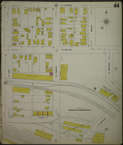 Sanborn Fire Insurance Map from Madison, Dane County, Wisconsin (1908), Sheet #0044 - Historic Sanborn Fire Insurance Map Print, vintage old map wall art, antique decor, genealogy gift, Wisconsin Wisconsin map