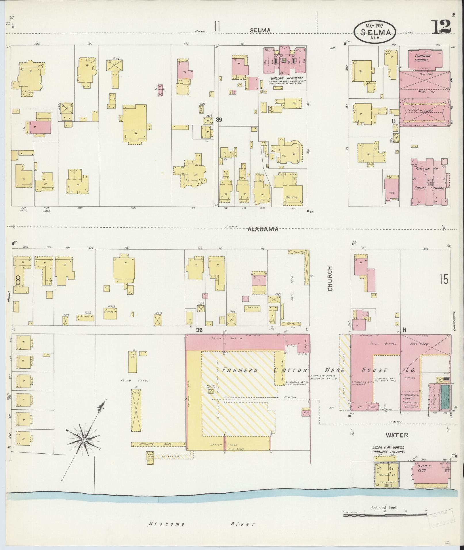 Sanborn Fire Insurance Map from Selma, Dallas County, Alabama (1907), Sheet #0012 - Complete Map Set gallery image, historic Sanborn map, vintage wall art, Alabama Alabama