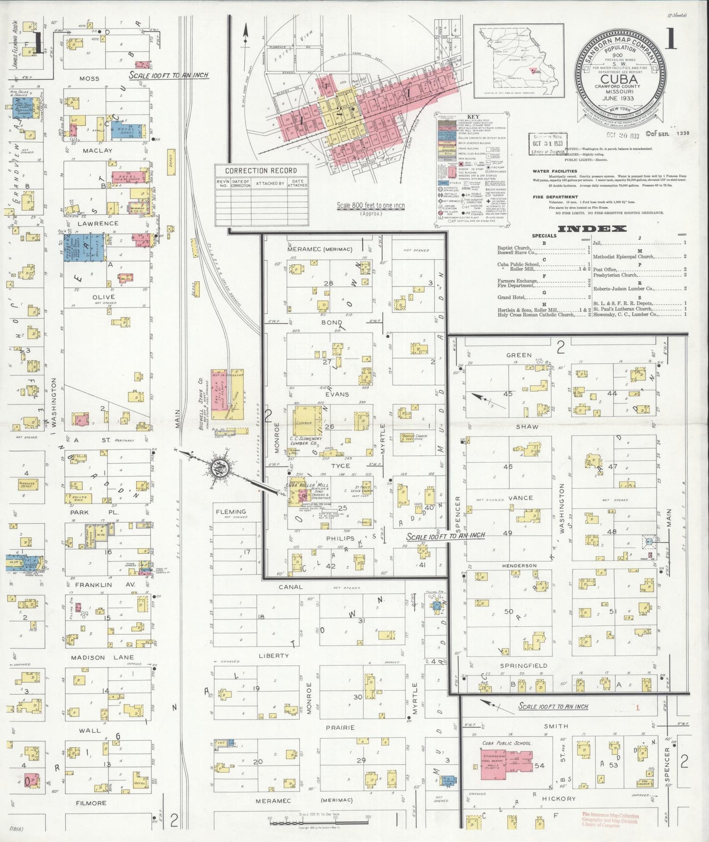 Sanborn Fire Insurance Map from Cuba, Crawford County, Missouri (1933), Sheet #0001 - Historic Sanborn Fire Insurance Map Print, vintage old map wall art, antique decor, genealogy gift, Missouri Missouri map