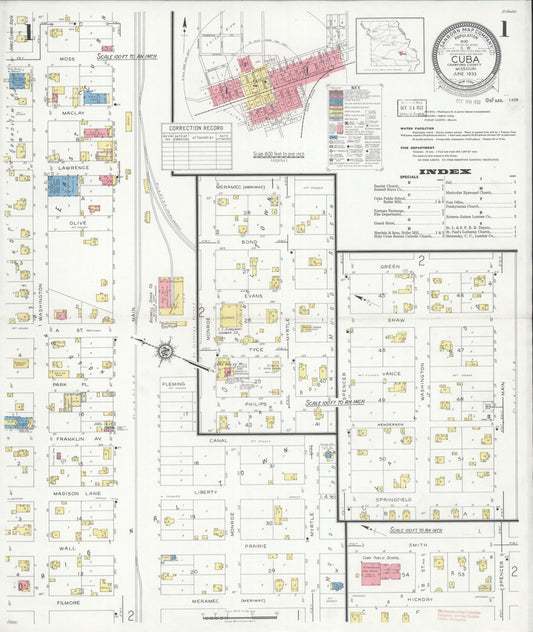 Sanborn Fire Insurance Map from Cuba, Crawford County, Missouri (1933), Sheet #0001 - Historic Sanborn Fire Insurance Map Print, vintage old map wall art, antique decor, genealogy gift, Missouri Missouri map