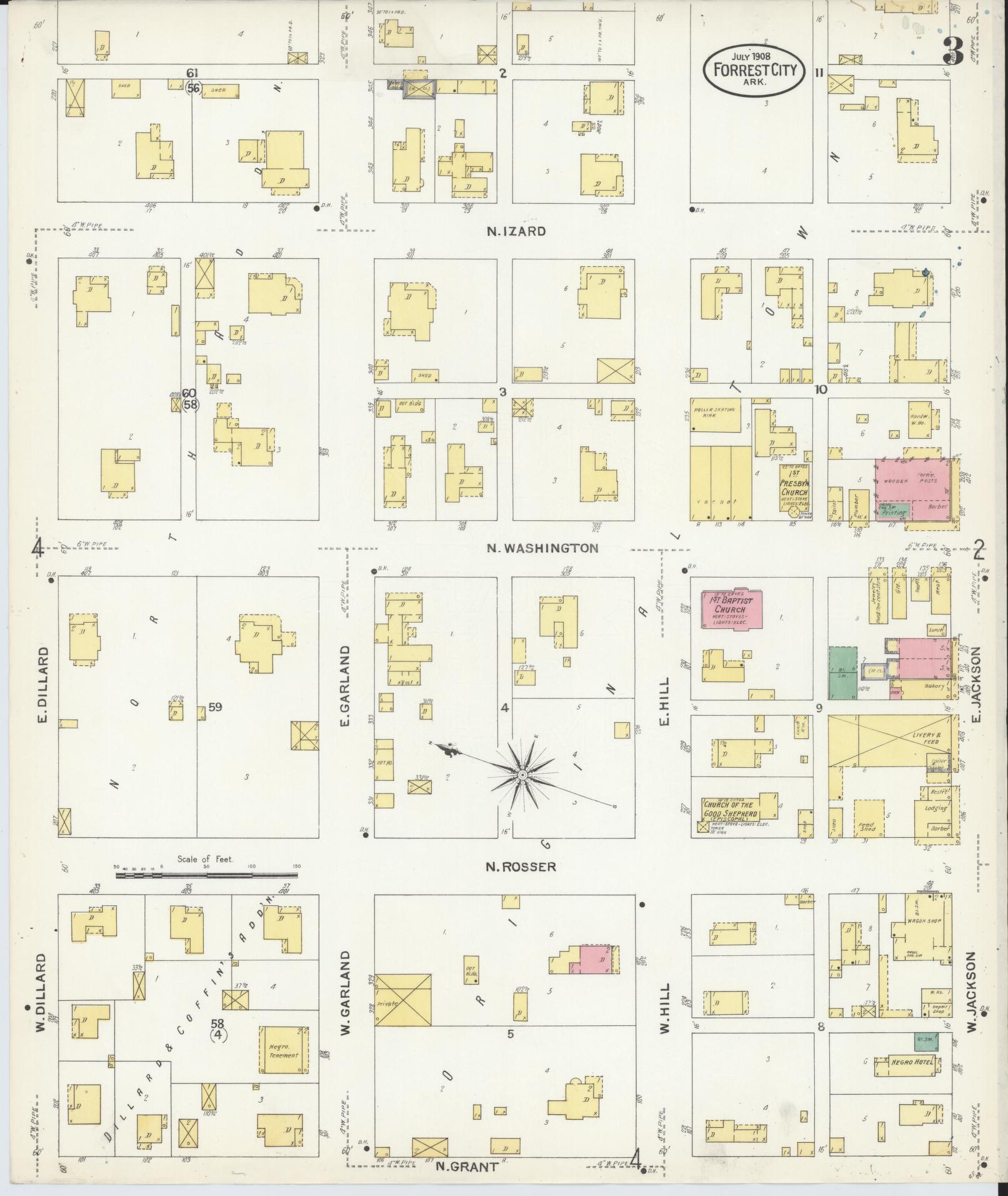Sanborn Fire Insurance Map from Forrest City, Saint Francis County, Arkansas (1908), Sheet #0003 - Historic Sanborn Fire Insurance Map Print, vintage old map wall art, antique decor, genealogy gift, Arkansas Arkansas map
