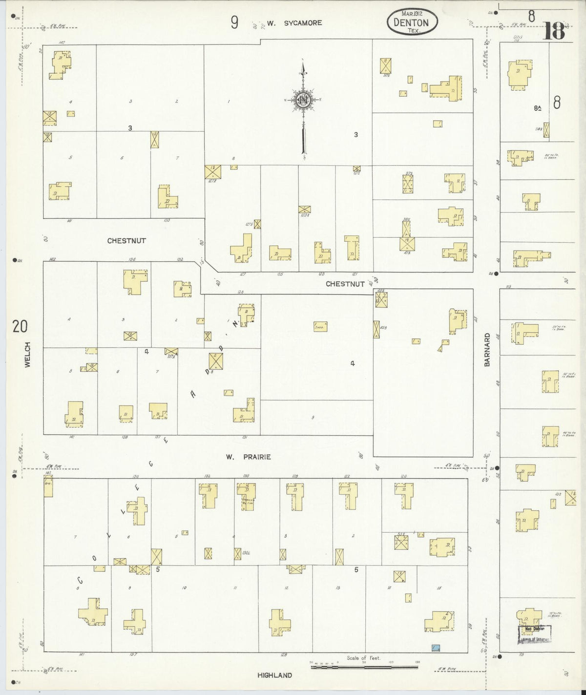 Sanborn Fire Insurance Map from Denton, Denton County, Texas (1912), Sheet #0018 - Historic Sanborn Fire Insurance Map Print, vintage old map wall art, antique decor, genealogy gift, Texas Texas map