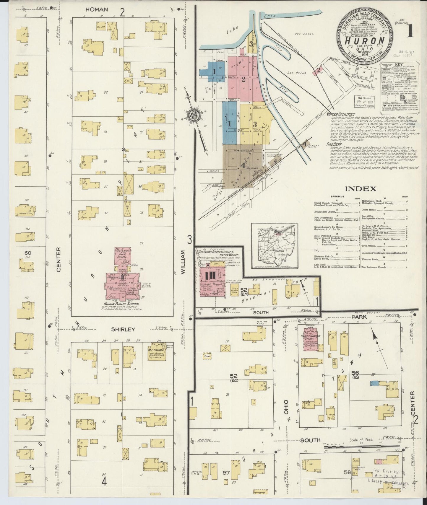 Sanborn Fire Insurance Map from Huron, Erie County, Ohio (1916), Sheet #0001 - Complete Map Set gallery image, historic Sanborn map, vintage wall art, Ohio Ohio