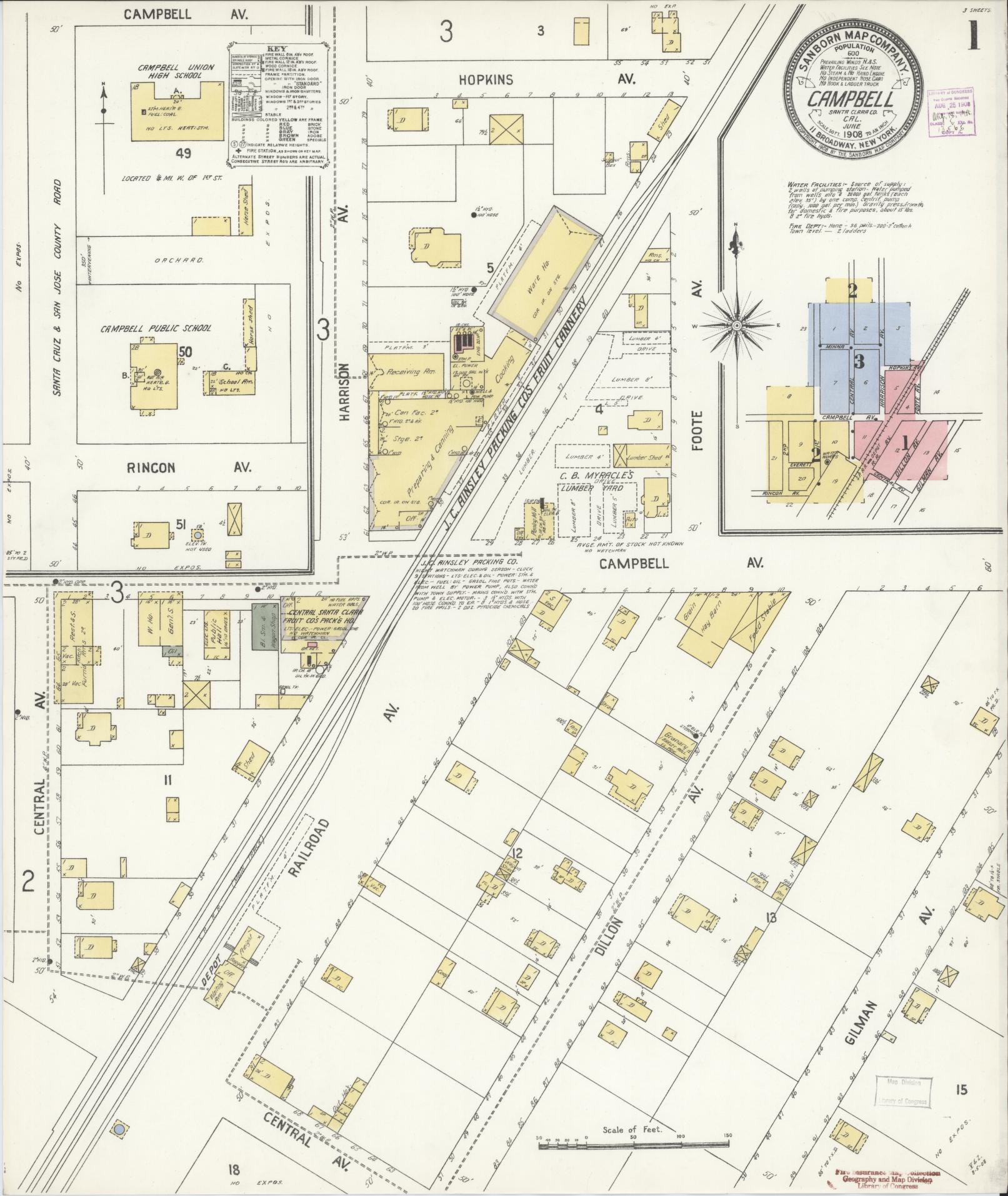 Sanborn Fire Insurance Map from Campbell, Santa Clara County, California (1908), Sheet #0001 - Complete Map Set gallery image, historic Sanborn map, vintage wall art, California California