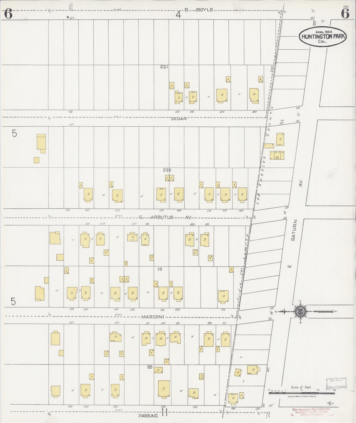 Sanborn Fire Insurance Map from Huntington Park, Los Angeles County, California (1924), Sheet #0006 - Historic Sanborn Fire Insurance Map Print, vintage old map wall art, antique decor, genealogy gift, California California map