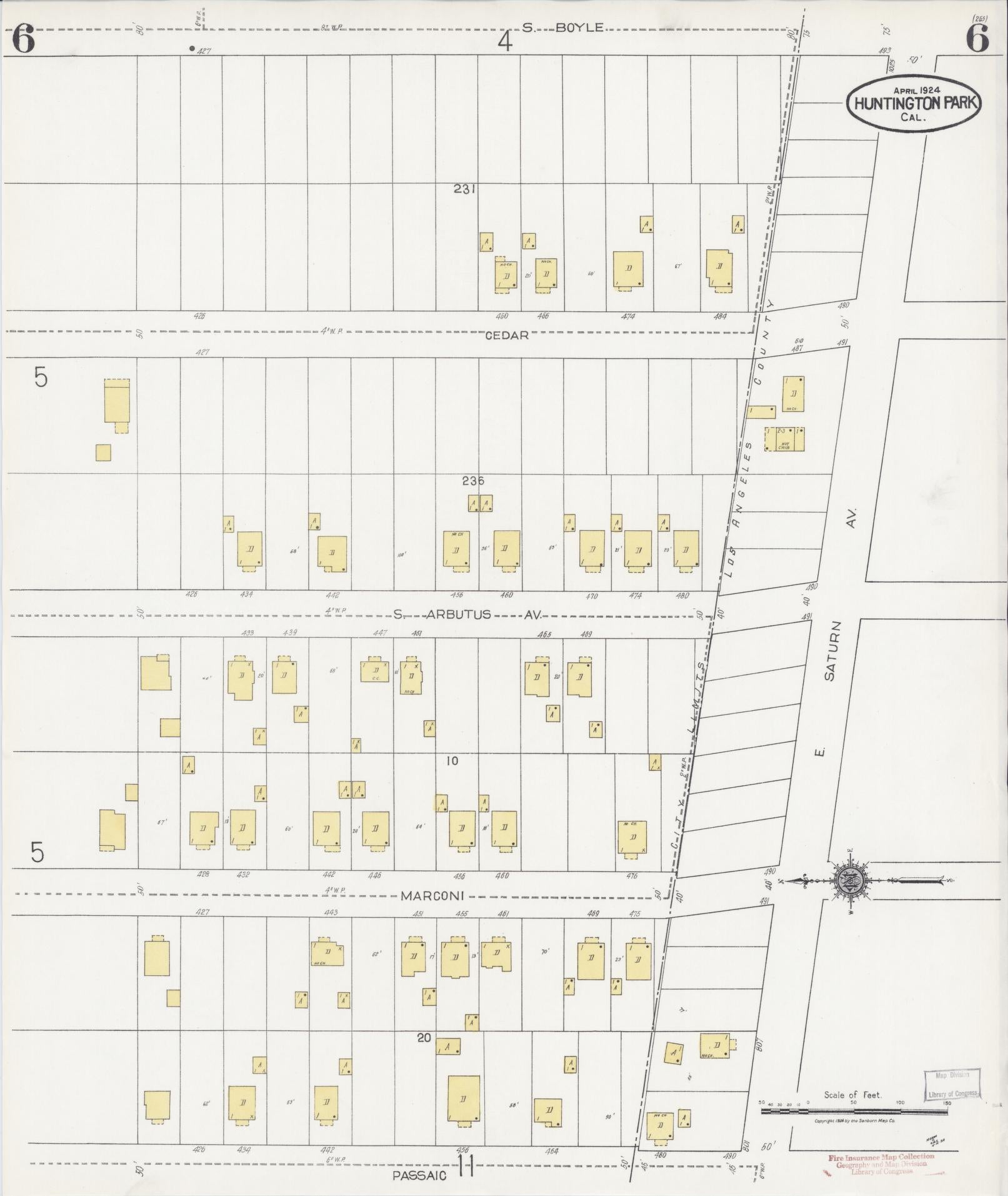 Sanborn Fire Insurance Map from Huntington Park, Los Angeles County, California (1924), Sheet #0006 - Historic Sanborn Fire Insurance Map Print, vintage old map wall art, antique decor, genealogy gift, California California map