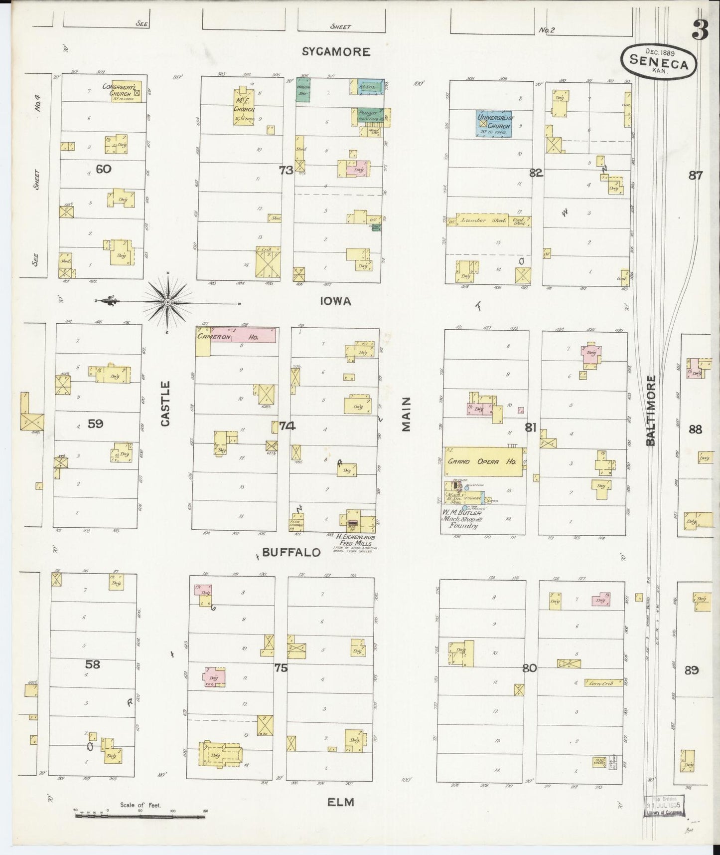 Sanborn Fire Insurance Map from Seneca, Nemaha County, Kansas (1889), Sheet #0003 - Complete Map Set gallery image, historic Sanborn map, vintage wall art, Kansas Kansas