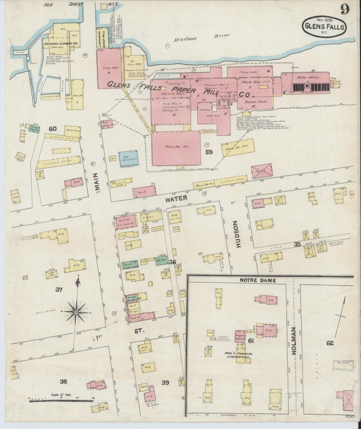 Sanborn Fire Insurance Map from Glens Falls, Warren County, New York (1890), Sheet #0009 - Complete Map Set gallery image, historic Sanborn map, vintage wall art, New York New York