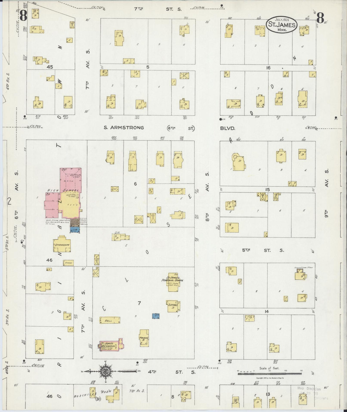 Sanborn Fire Insurance Map from Saint James, Watonwan County, Minnesota (1924), Sheet #0008 - Historic Sanborn Fire Insurance Map Print, vintage old map wall art, antique decor, genealogy gift, Minnesota Minnesota map