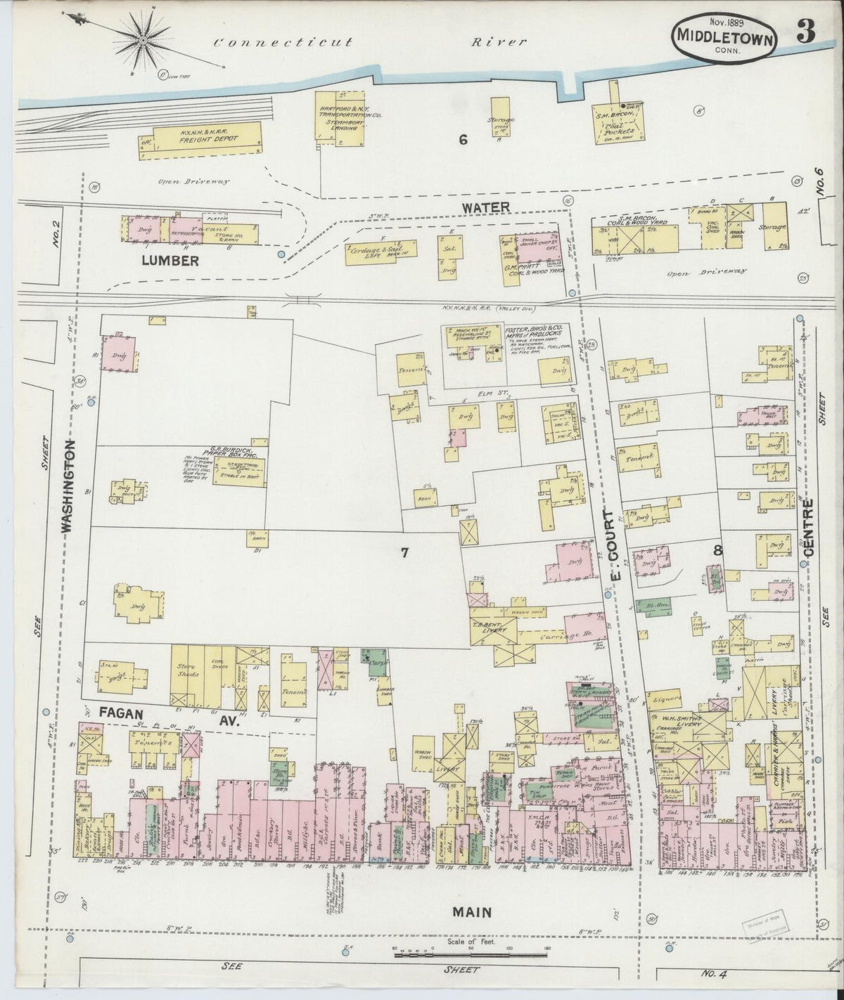 Sanborn Fire Insurance Map from Middletown, Middlesex County, Connecticut (1889), Sheet #0003 - Historic Sanborn Fire Insurance Map Print, vintage old map wall art, antique decor, genealogy gift, Connecticut Connecticut map