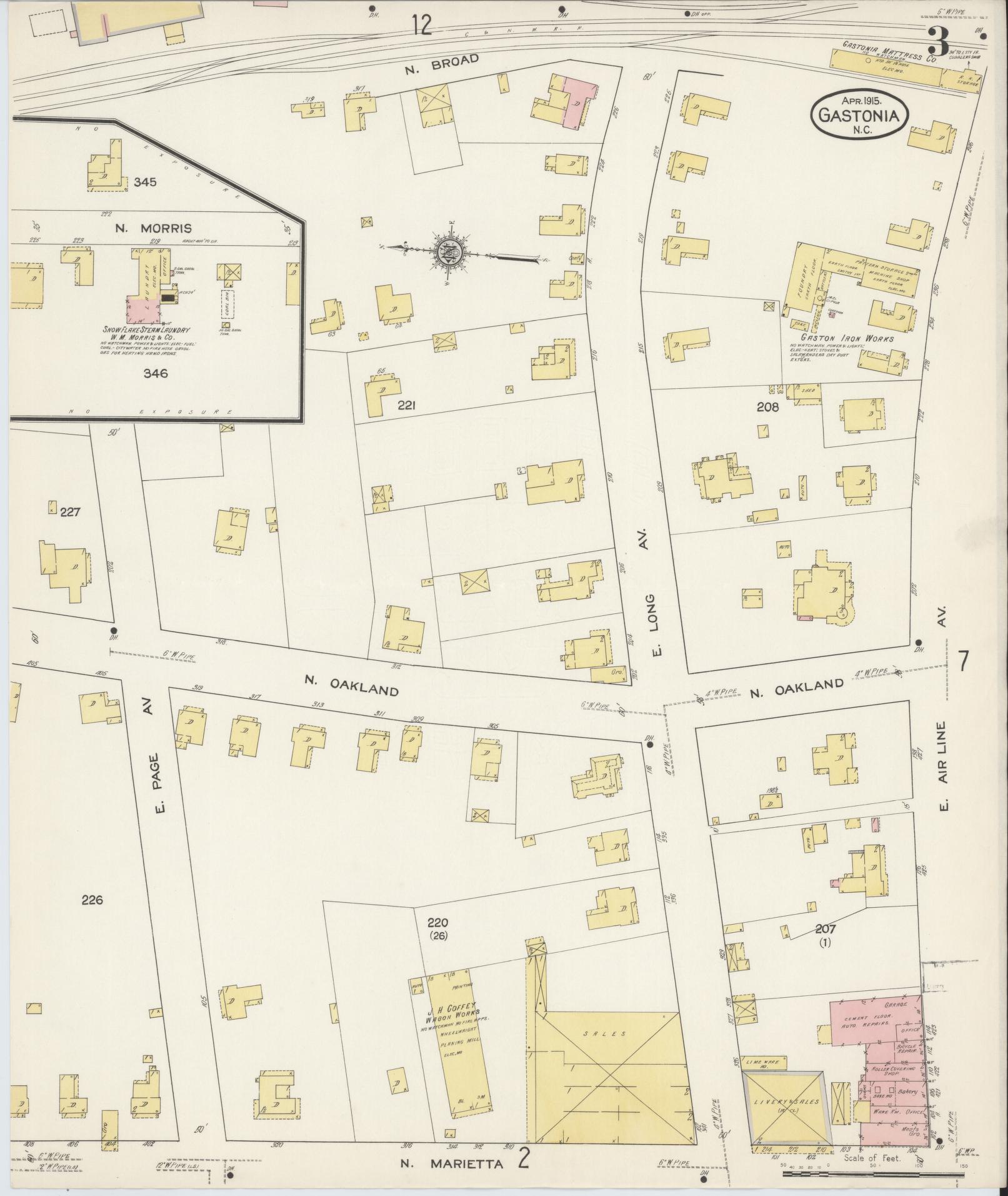 Sanborn Fire Insurance Map from Gastonia, Gaston County, North Carolina (1915), Sheet #0003 - Complete Map Set gallery image, historic Sanborn map, vintage wall art, North Carolina North Carolina