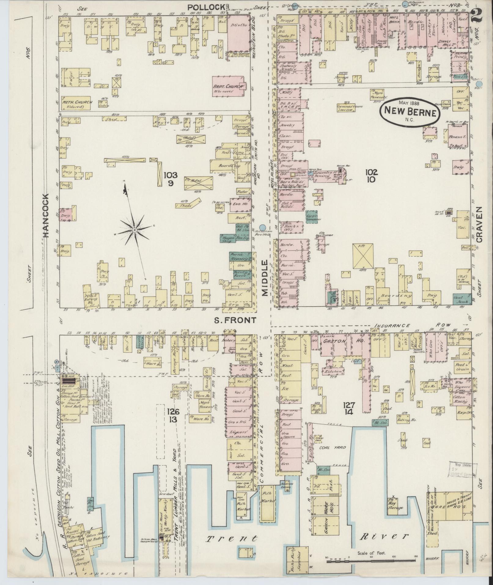 Sanborn Fire Insurance Map from New Bern, Craven County, North Carolina (1888), Sheet #0002 - Historic Sanborn Fire Insurance Map Print, vintage old map wall art, antique decor, genealogy gift, North Carolina North Carolina map