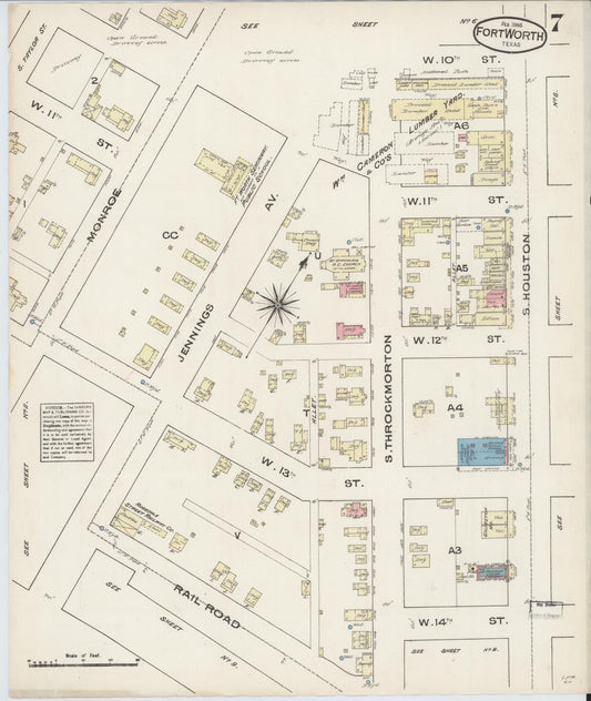 Sanborn Fire Insurance Map from Fort Worth, Tarrant County, Texas (1885), Sheet #0007 - Historic Sanborn Fire Insurance Map Print, vintage old map wall art, antique decor, genealogy gift, Texas Texas map