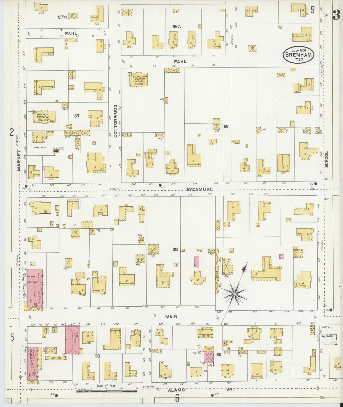 Sanborn Fire Insurance Map from Brenham, Washington County, Texas (1906), Sheet #0003 - Complete Map Set gallery image, historic Sanborn map, vintage wall art, Texas Texas