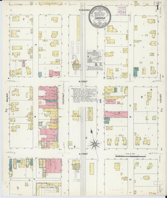 Sanborn Fire Insurance Map from Onarga, Iroquois County, Illinois (1907), Sheet #0001 - Complete Map Set gallery image, historic Sanborn map, vintage wall art, Illinois Illinois